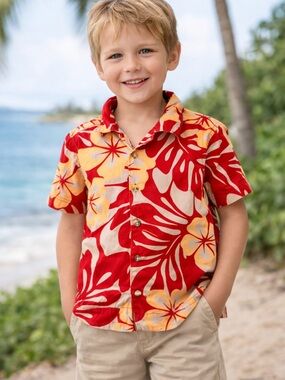 Baby Gap Hawaiian Shirt | Tropical Floral Button Down | Red Orange | 5T